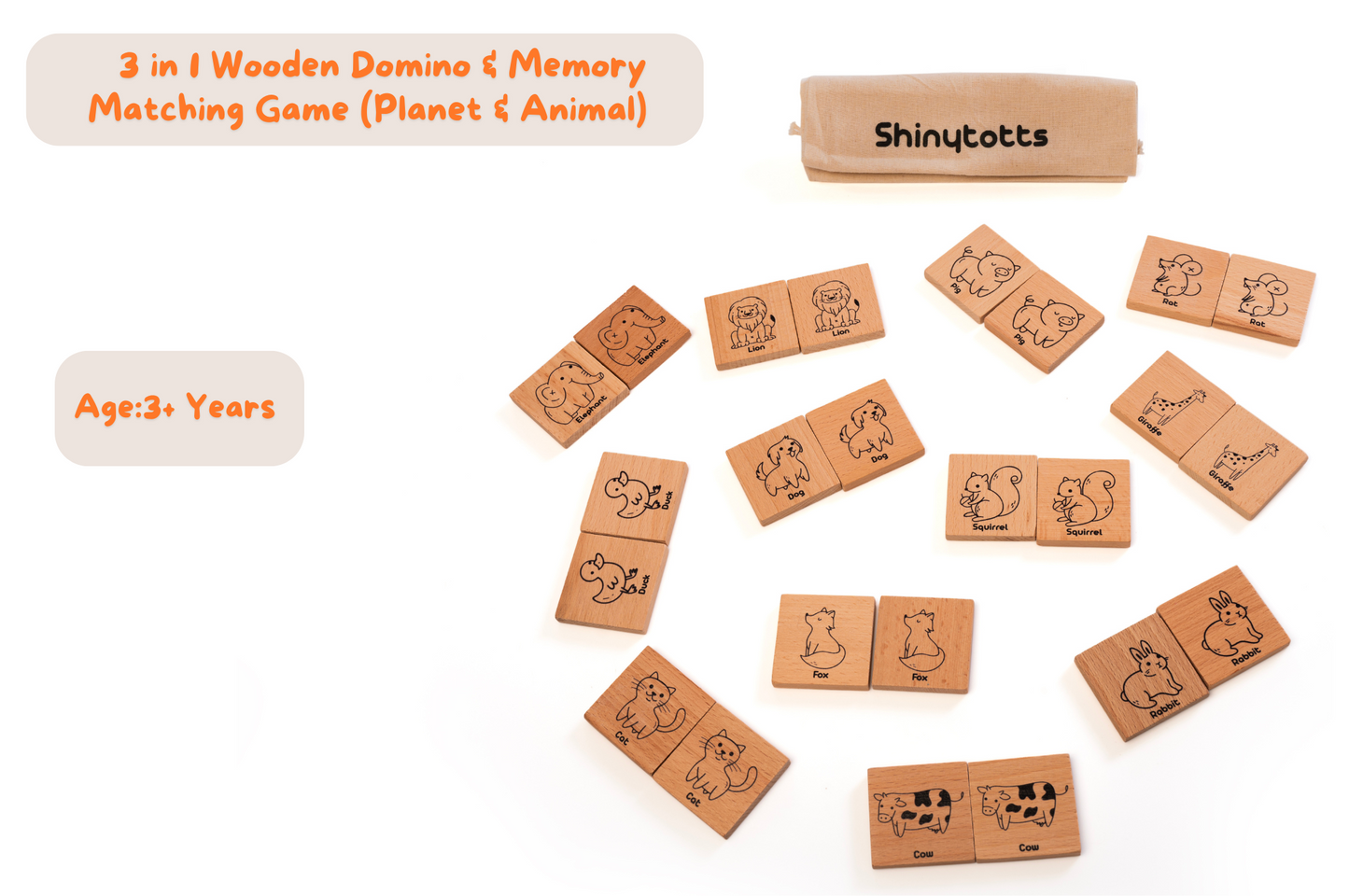3 in 1 Wooden Domino & Memory Matching Game (Planet & Animal)